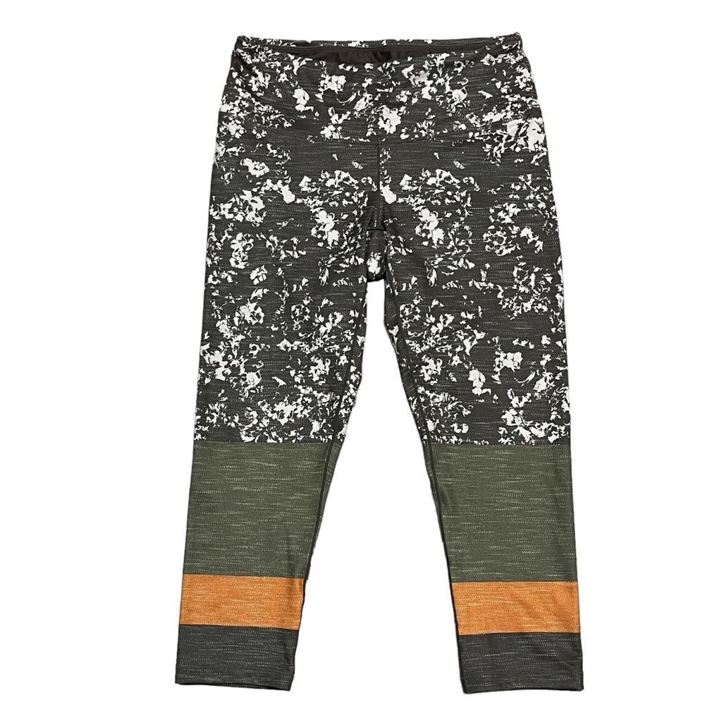 Prana Green Floral Stripe Leggings 3/4 Yoga Workout Pants Stretchy Athletic